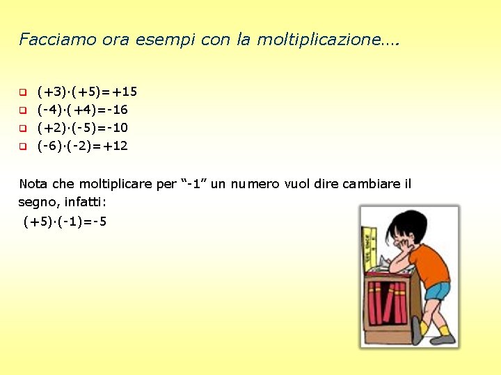 Facciamo ora esempi con la moltiplicazione…. q q (+3)·(+5)=+15 (-4)·(+4)=-16 (+2)·(-5)=-10 (-6)·(-2)=+12 Nota che