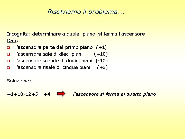 Risolviamo il problema…. Incognita: determinare a quale piano si ferma l’ascensore Dati: q l’ascensore