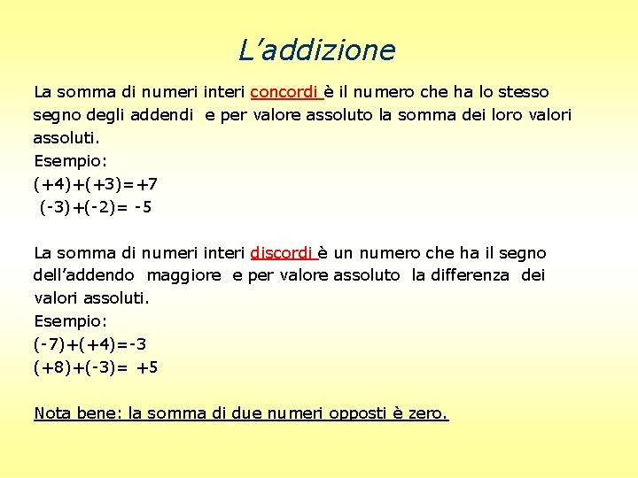 L’addizione La somma di numeri interi concordi è il numero che ha lo stesso