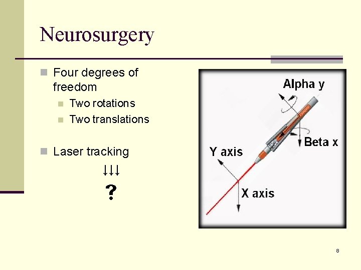 Neurosurgery n Four degrees of freedom n n Two rotations Two translations n Laser