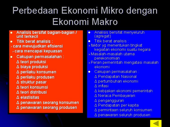 Perbedaan Ekonomi Mikro dengan Ekonomi Makro Analisis bersifat bagian-bagian / unit terkecil l Titik