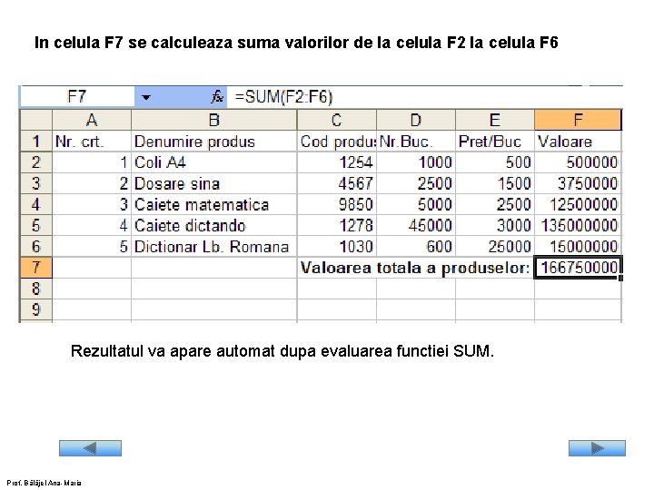 In celula F 7 se calculeaza suma valorilor de la celula F 2 la