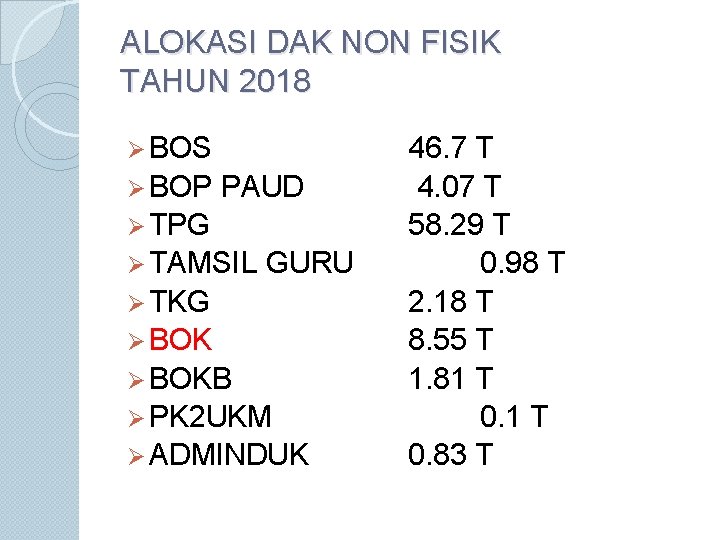 ALOKASI DAK NON FISIK TAHUN 2018 Ø BOS Ø BOP PAUD Ø TPG Ø