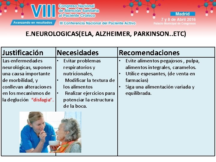 E. NEUROLOGICAS(ELA, ALZHEIMER, PARKINSON. . ETC) Justificación Necesidades Las enfermedades • Evitar problemas neurológicas,