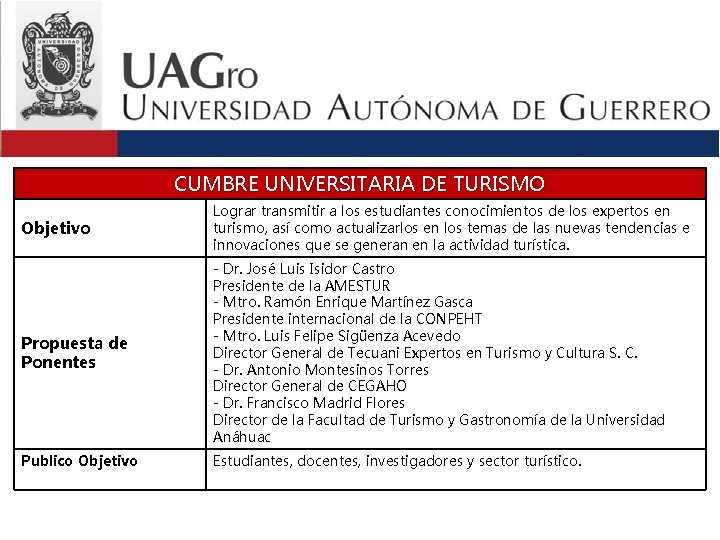 CUMBRE UNIVERSITARIA DE TURISMO Objetivo Lograr transmitir a los estudiantes conocimientos de los expertos