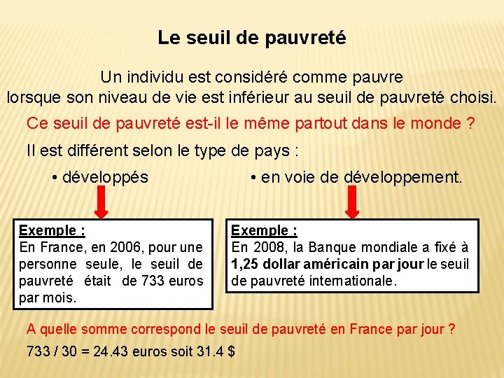 Le seuil de pauvreté Un individu est considéré comme pauvre lorsque son niveau de