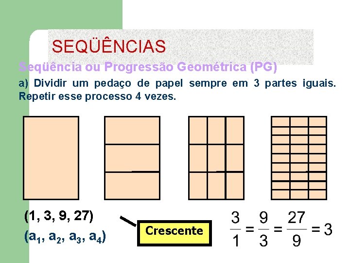 SEQÜÊNCIAS Seqüência ou Progressão Geométrica (PG) a) Dividir um pedaço de papel sempre em