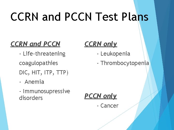 CCRN and PCCN Test Plans CCRN and PCCN CCRN only - Life-threatening - Leukopenia