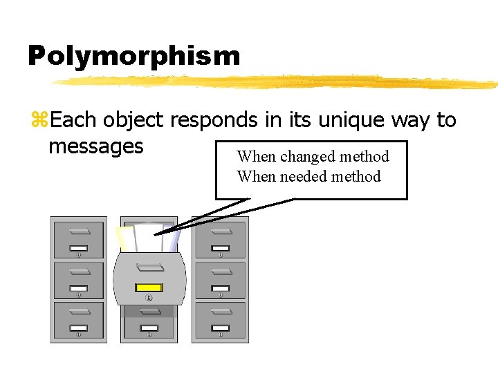 Polymorphism z. Each object responds in its unique way to messages When changed method