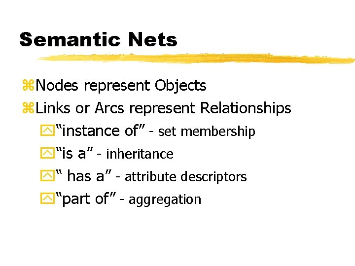 Semantic Nets z. Nodes represent Objects z. Links or Arcs represent Relationships y“instance of”