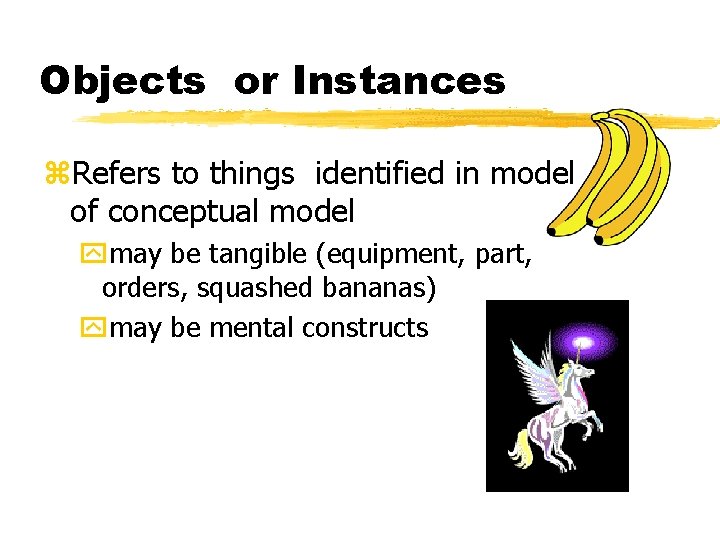 Objects or Instances z. Refers to things identified in model of conceptual model ymay