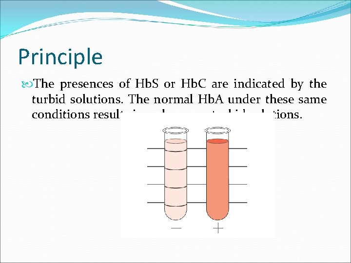 Principle The presences of Hb. S or Hb. C are indicated by the turbid