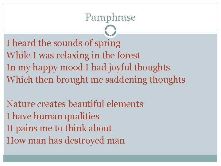 Paraphrase I heard the sounds of spring While I was relaxing in the forest