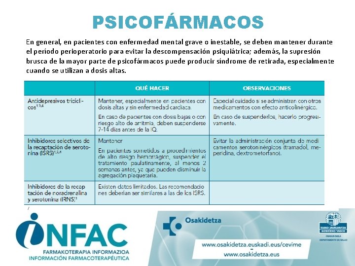 PSICOFÁRMACOS En general, en pacientes con enfermedad mental grave o inestable, se deben mantener PSICOFÁRMACOS En general, en pacientes con enfermedad mental grave o inestable, se deben mantener