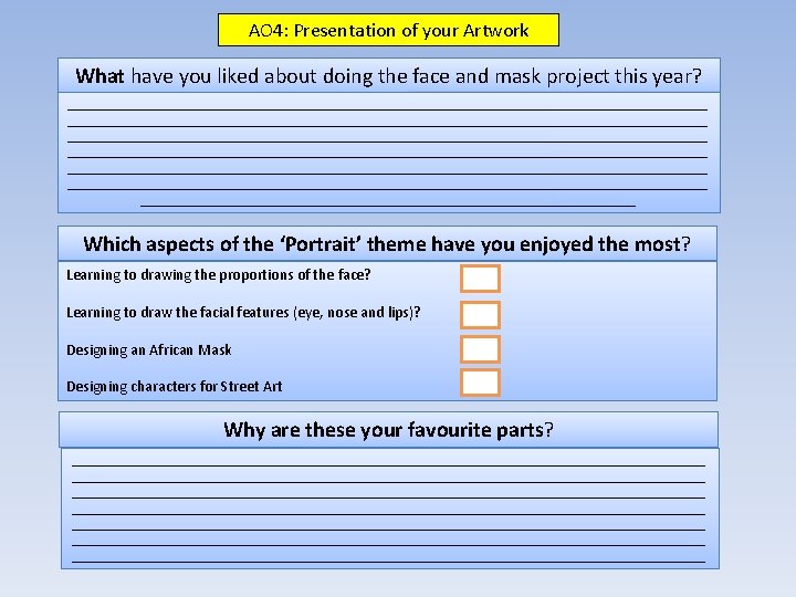 AO 4: Presentation of your Artwork What have you liked about doing the face