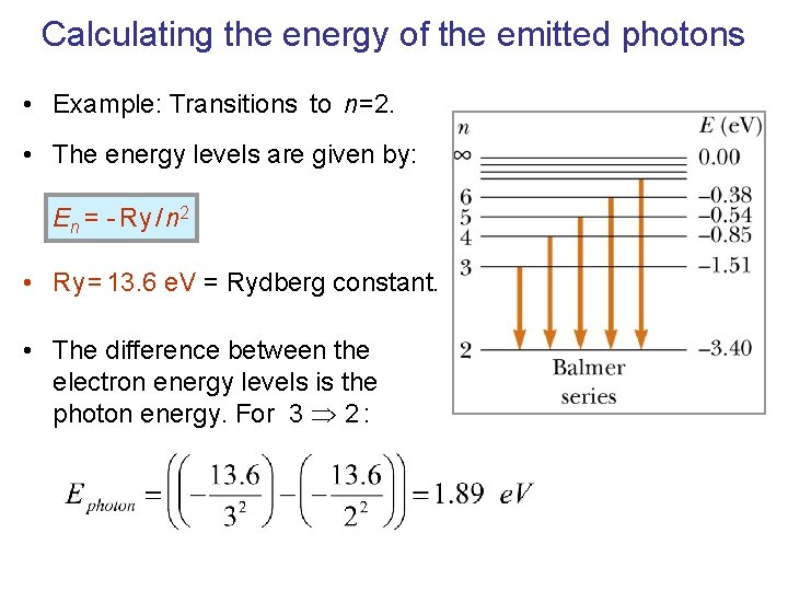 Calculating the energy of the emitted photons • Example: Transitions to n=2. • The