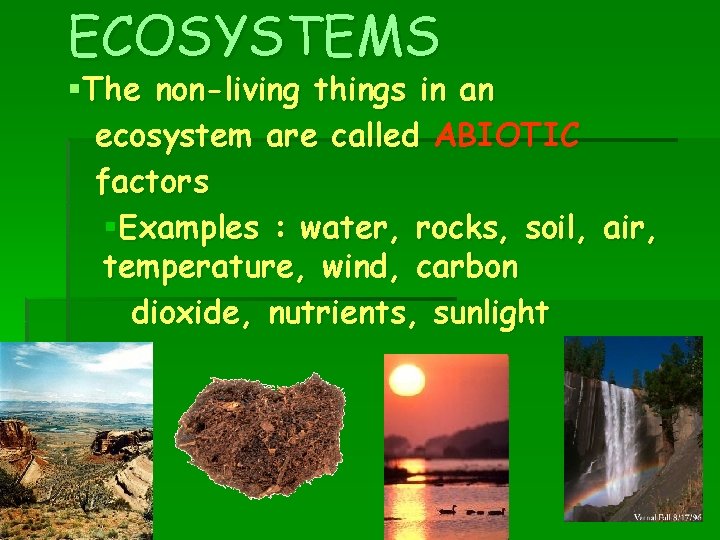 ECOSYSTEMS §The non-living things in an ecosystem are called ABIOTIC factors §Examples : water,