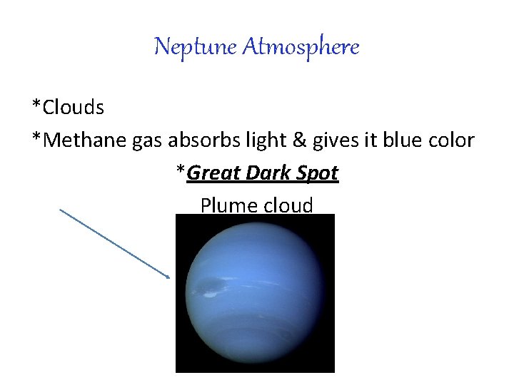 Neptune Atmosphere *Clouds *Methane gas absorbs light & gives it blue color *Great Dark