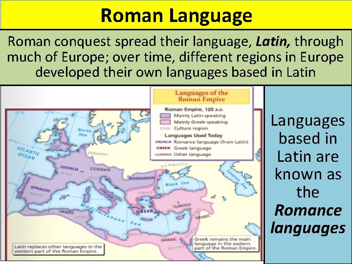 Roman Language Roman conquest spread their language, Latin, through much of Europe; over time,