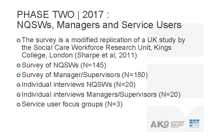 PHASE TWO | 2017 : NQSWs, Managers and Service Users The survey is a