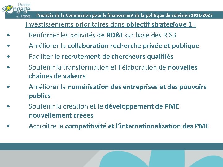 Priorités de la Commission pour le financement de la politique de cohésion 2021 -2027