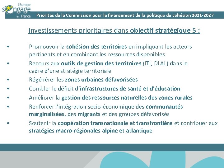 Priorités de la Commission pour le financement de la politique de cohésion 2021 -2027