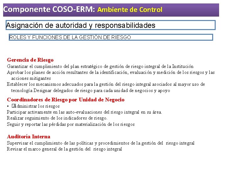 Componente COSO-ERM: Ambiente de Control Asignación de autoridad y responsabilidades ROLES Y FUNCIONES DE Componente COSO-ERM: Ambiente de Control Asignación de autoridad y responsabilidades ROLES Y FUNCIONES DE