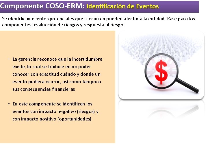 Componente COSO-ERM: Identificación de Eventos Se identifican eventos potenciales que si ocurren pueden afectar Componente COSO-ERM: Identificación de Eventos Se identifican eventos potenciales que si ocurren pueden afectar