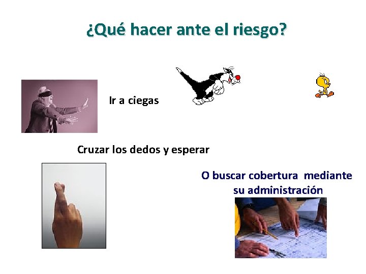 ¿Qué hacer ante el riesgo? Ir a ciegas Cruzar los dedos y esperar O ¿Qué hacer ante el riesgo? Ir a ciegas Cruzar los dedos y esperar O