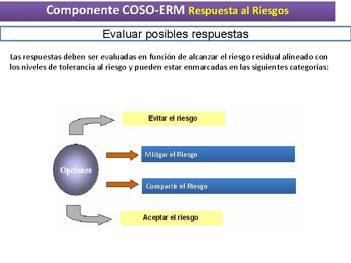 Componente COSO-ERM Respuesta al Riesgos Evaluar posibles respuestas Las respuestas deben ser evaluadas en Componente COSO-ERM Respuesta al Riesgos Evaluar posibles respuestas Las respuestas deben ser evaluadas en