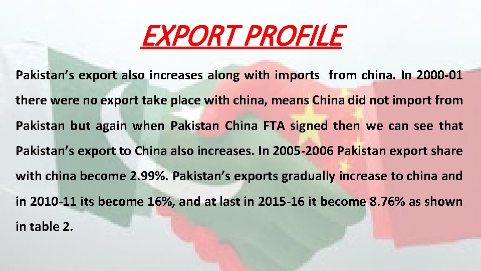 EXPORT PROFILE Pakistan’s export also increases along with imports from china. In 2000 -01