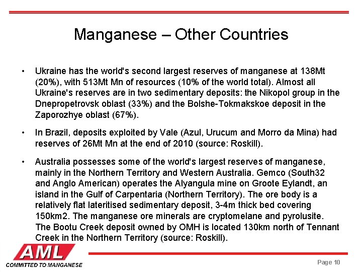 Manganese – Other Countries • Ukraine has the world's second largest reserves of manganese