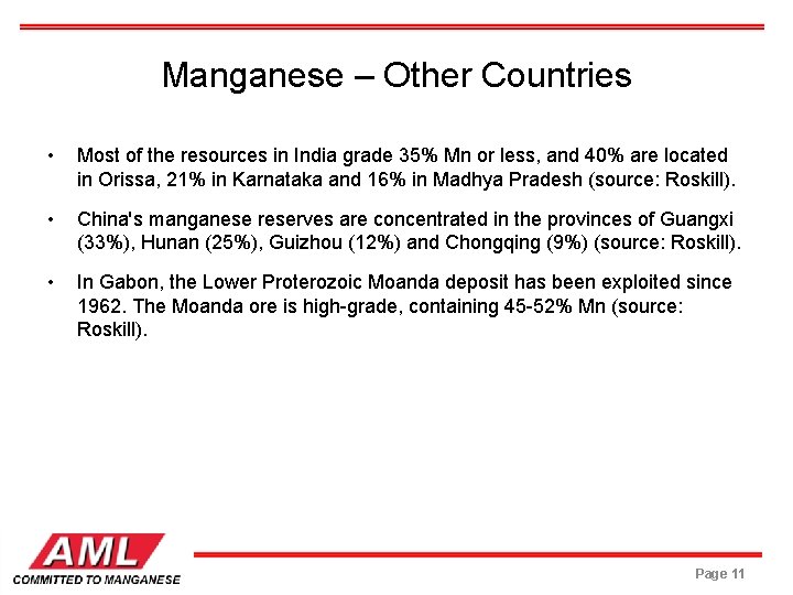 Manganese – Other Countries • Most of the resources in India grade 35% Mn