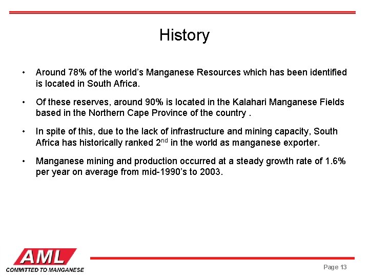 History • Around 78% of the world’s Manganese Resources which has been identified is