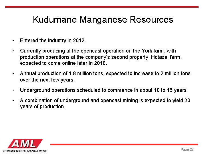 Kudumane Manganese Resources • Entered the industry in 2012. • Currently producing at the