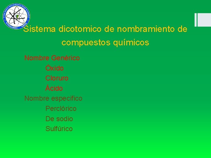 Sistema dicotomico de nombramiento de compuestos químicos Nombre Genérico Óxido Cloruro Ácido Nombre especifico