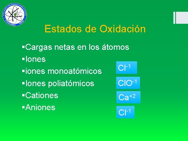 Estados de Oxidación §Cargas netas en los átomos §Iones -1 Cl §iones monoatómicos §Iones