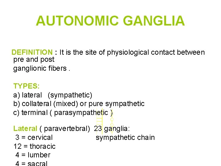 AUTONOMIC GANGLIA DEFINITION : It is the site of physiological contact between pre and