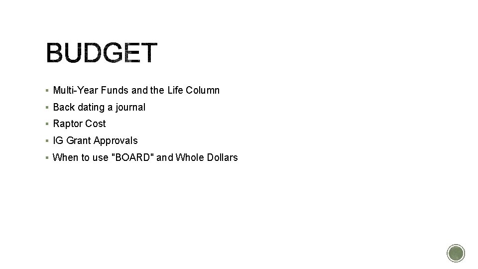 § Multi-Year Funds and the Life Column § Back dating a journal § Raptor § Multi-Year Funds and the Life Column § Back dating a journal § Raptor