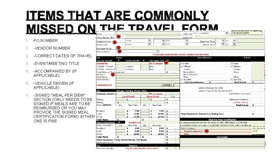 1. PO NUMBER 2. -VENDOR NUMBER 3. -CORRECT DATES OF TRAVEL 4. -EVENT/MEETING TITLE 1. PO NUMBER 2. -VENDOR NUMBER 3. -CORRECT DATES OF TRAVEL 4. -EVENT/MEETING TITLE
