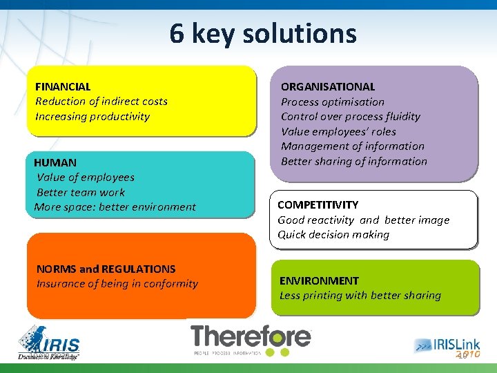 6 key solutions FINANCIAL Reduction of indirect costs Increasing productivity HUMAN Value of employees