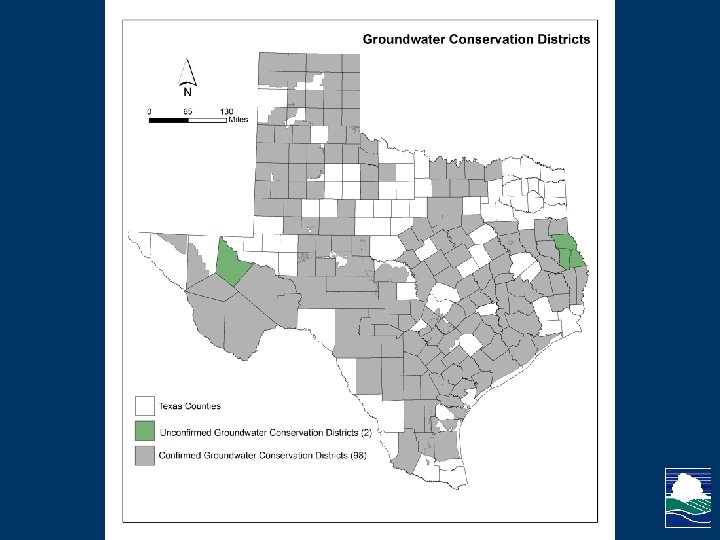 The map shows confirmed and unconfirmed groundwater conservation districts in Texas in gray and