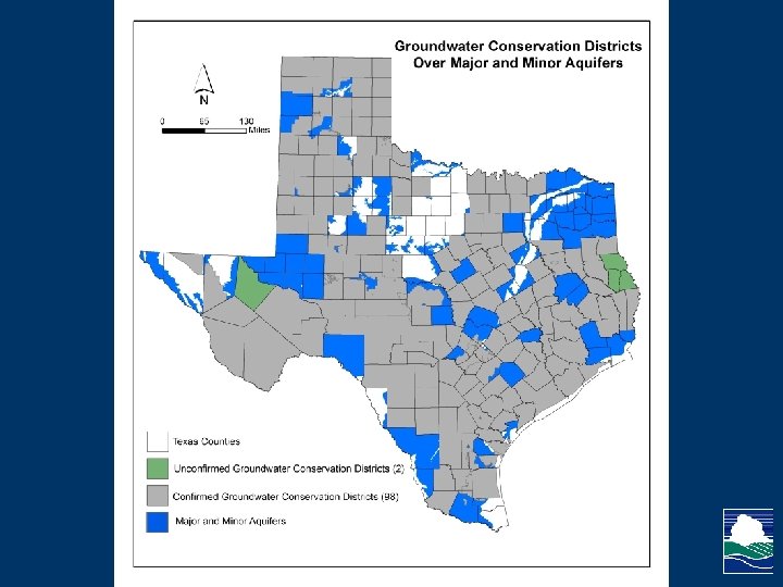 The map shows groundwater conservation districts over the major and minor aquifers of Texas.