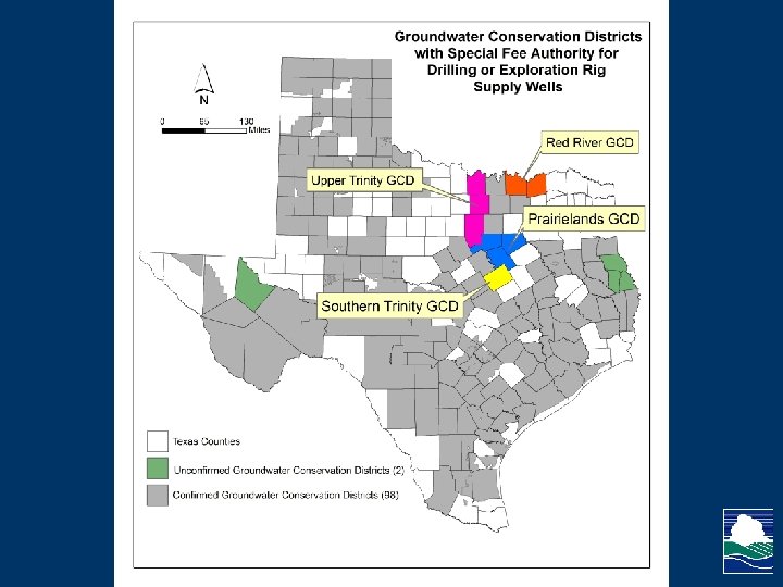 The map shows selected groundwater conservation districts with special fee authority for drilling or