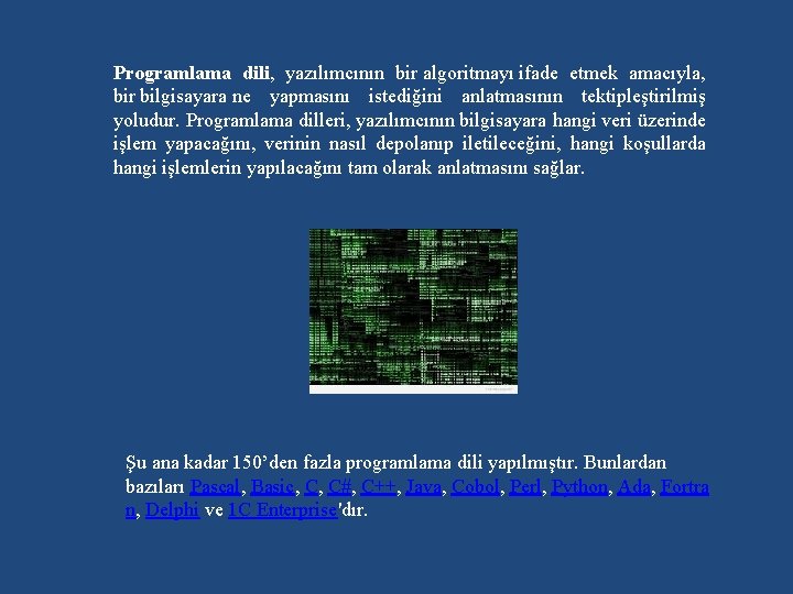 Programlama dili, yazılımcının bir algoritmayı ifade etmek amacıyla, bir bilgisayara ne yapmasını istediğini anlatmasının