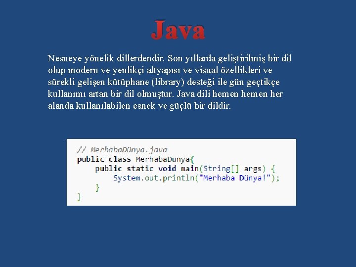 Java Nesneye yönelik dillerdendir. Son yıllarda geliştirilmiş bir dil olup modern ve yenlikçi altyapısı