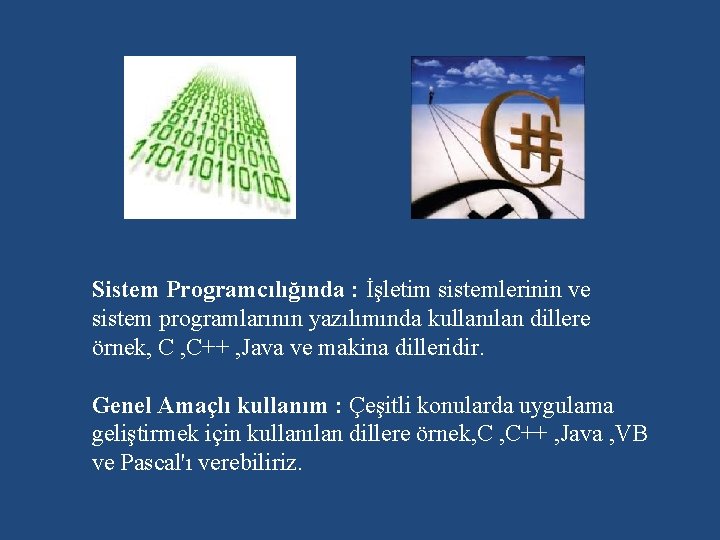 Sistem Programcılığında : İşletim sistemlerinin ve sistem programlarının yazılımında kullanılan dillere örnek, C ,