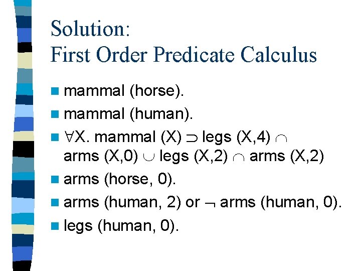 Solution: First Order Predicate Calculus n mammal (horse). n mammal (human). n X. mammal