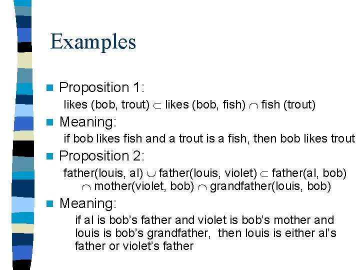 Examples n Proposition 1: likes (bob, trout) likes (bob, fish) fish (trout) n Meaning: