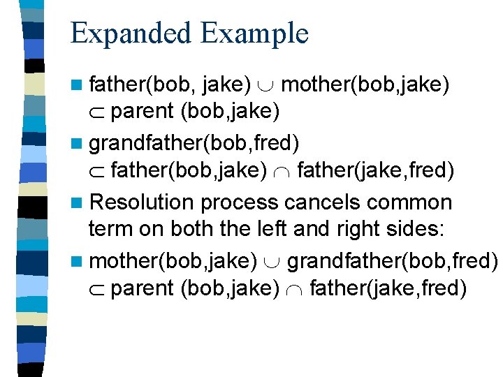Expanded Example jake) mother(bob, jake) parent (bob, jake) n grandfather(bob, fred) father(bob, jake) father(jake,
